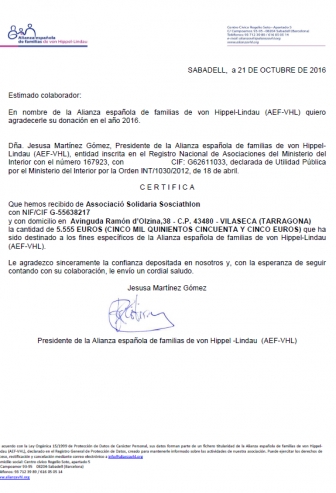 Certificado de donación von Hippel-Lindau (AEF-VHL)
