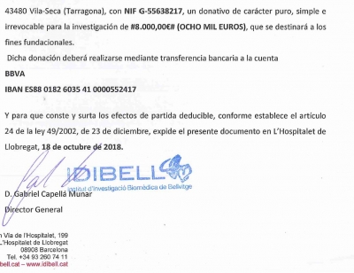 Certificat de donació de 8.000€ al 2018 de la  FUNDACIÓ INSTITUT D&#039;INVESTIGACIÓ BIOMÈDICA DE BELLVITGE